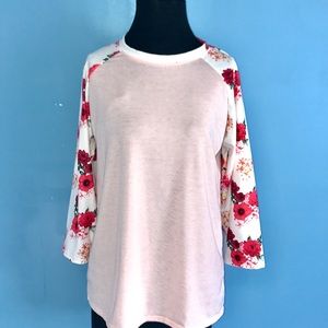 NWT pink raglan tee with floral sleeves Large